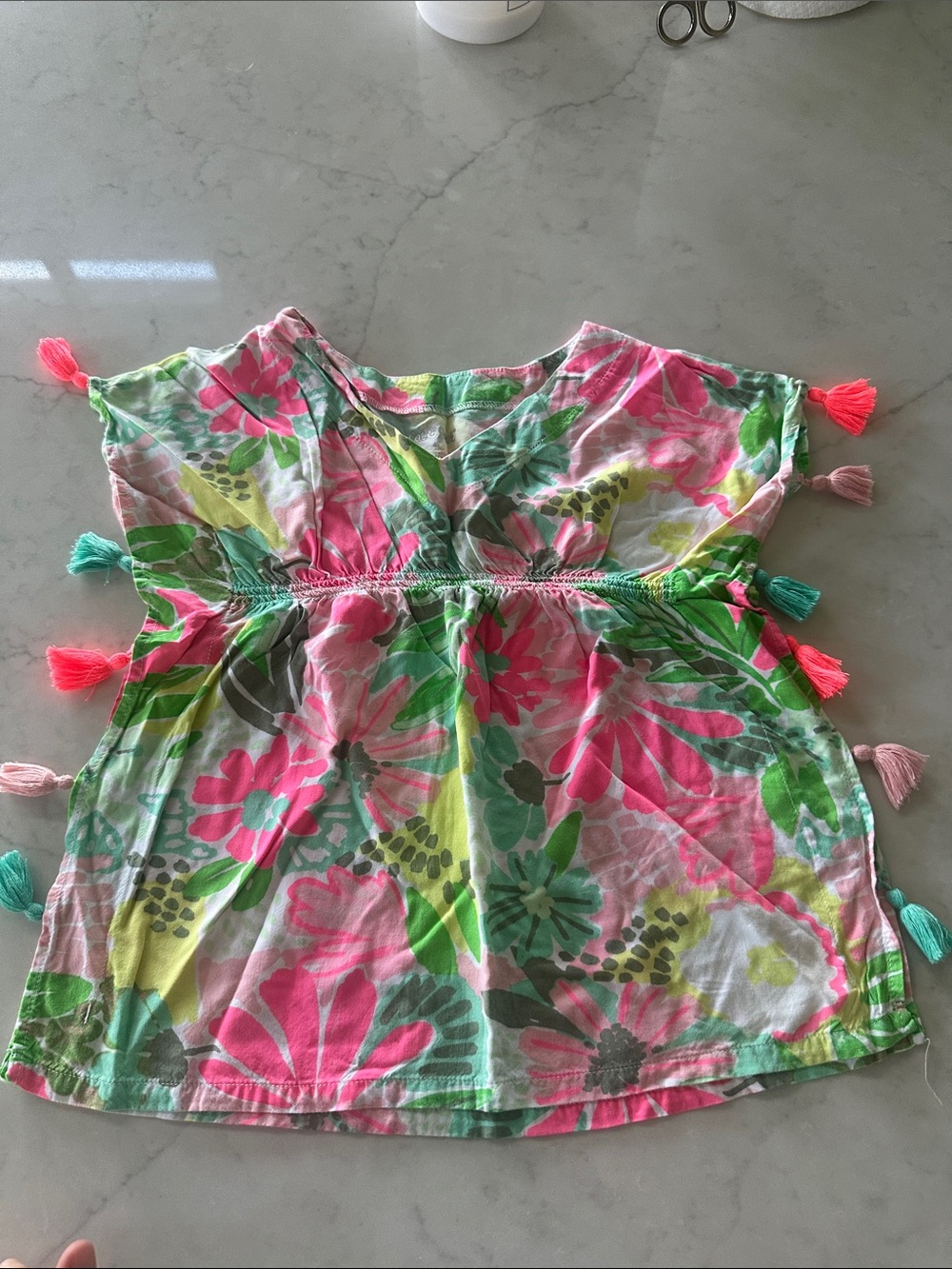 Cat & Jack Girls Floral Tassel Top - Pink, Green & Yellow